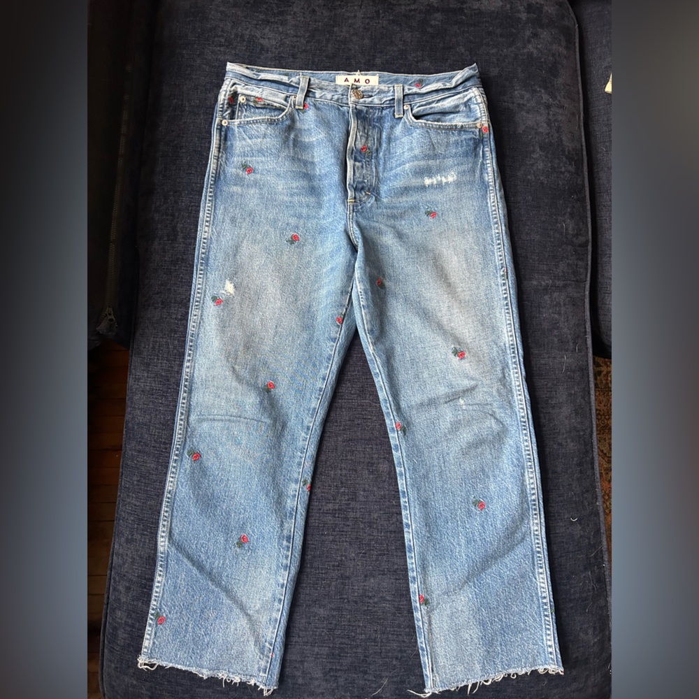 AMO Denim Jeans with Red Floral Embroidery